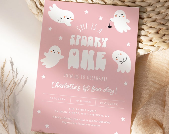 Spooky One Birthday Invitation, Halloween 1st Birthday Party, Baby Girl Birthday, Pink, Editable Template, Instant, Templett #0001-137BD