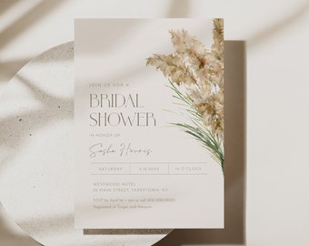 Pampas Bridal Shower Invitation Template, Dried Foliage, Bohemian Wedding Shower, 100% Editable Text, Instant Download #032-320BS