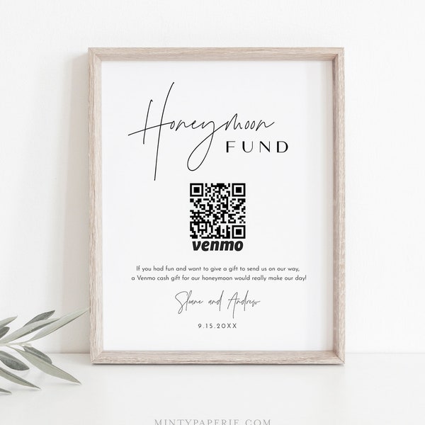 Honeymoon Fund Sign, Venmo Honeymoon Wish, Wedding Cash Gift, Minimalist, Editable Template, Instant Download, Templett, 8x10 #0026-01S