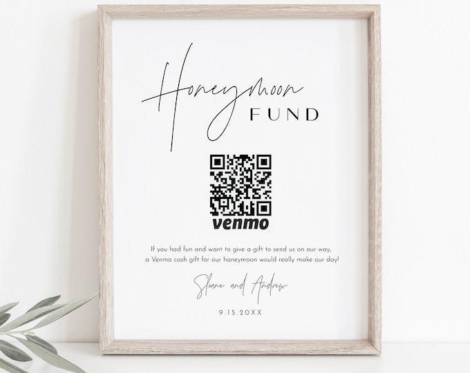 Honeymoon Fund Sign, Venmo Honeymoon Wish, Wedding Cash Gift, Minimalist, Editable Template, Instant Download, Templett, 8x10 #0026-01S