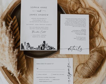 Houston Wedding Invitation Set, Houston, TX Skyline, Photo Card, Editable Template, Includes Invite, RSVP, Details, Templett #0047