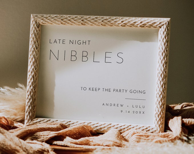 Late Night Nibbles Sign, Snack Bar Sign, Minimalist Wedding Sign, Nosh Sign, Editable Template, Instant Download, Templett, 8x10 #094-35S