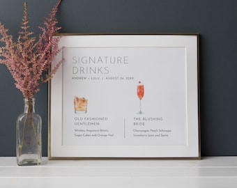 Signature Drinks Sign, 200+ Cocktails, Wine, Beer, Minimalist Signature Bar Menu, Alcohol, His Her Drinks, Instant Download #094-33S