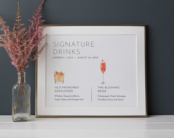 Signature Drinks Sign, 200+ Cocktails, Wine, Beer, Minimalist Signature Bar Menu, Alcohol, His Her Drinks, Instant Download #094-33S