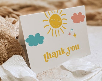 Sun Thank You Card, Kawaii, Summer Birthday, Baby Shower Thank You Note, Editable Template, Flat & Tent Card, Templett, 3.5x5 #0049-229TYC