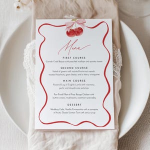 Menu Coquette Cherry, Menu stampabile per la cena nuziale/baby shower, matrimonio, modello modificabile, download immediato, Templett #0056-157WM