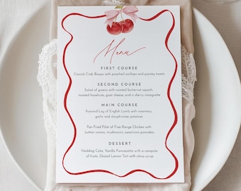 Coquette Cherry Menu, Printable Bridal / Baby Shower Dinner Menu Card, Wedding, Editable Template, Instant Download, Templett #0056-157WM