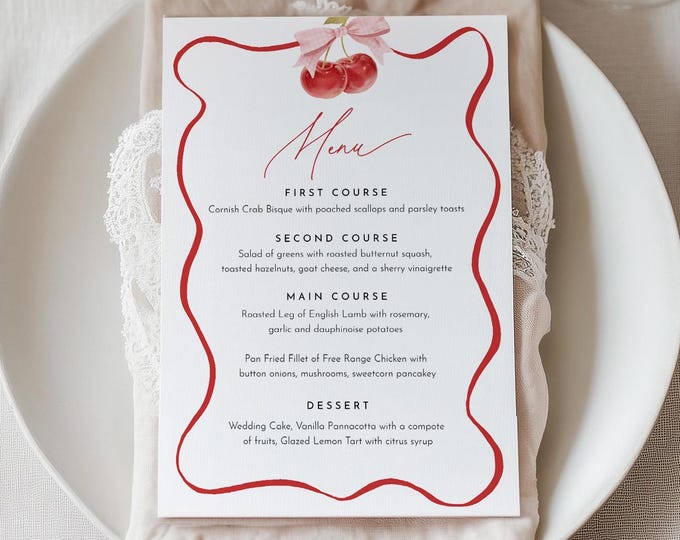 Coquette Cherry Menu, Printable Bridal / Baby Shower Dinner Menu Card, Wedding, Editable Template, Instant Download, Templett #0056-157WM