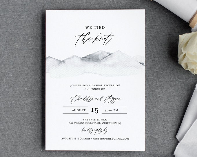 Rustic Elopement Invitation Template, Mountain Reception Party Invite, Casual Wedding Reception, Editable Text, Instant Download #004-119EL