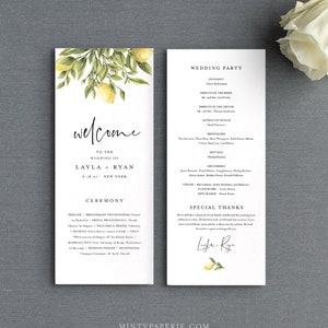 May include: A wedding ceremony program with a lemon theme. The program includes the wedding party, ceremony details, and special thanks. The program is printed on white paper with a lemon illustration.