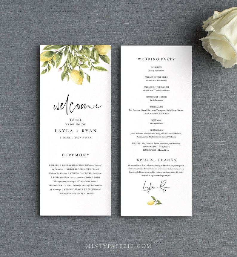 May include: A wedding ceremony program with a lemon theme. The program includes the wedding party, ceremony details, and special thanks. The program is printed on white paper with a lemon illustration.