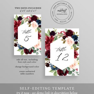 May include: Editable wedding table number template with a burgundy, blush, and navy floral design. The template is available in two sizes: 4x6 inches and 5x7 inches. The text reads "Table 5" and "Table 12".