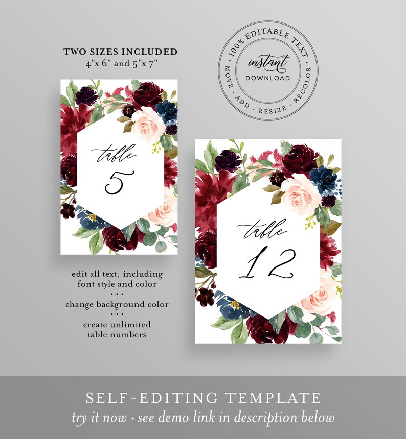 May include: Editable wedding table number template with a burgundy, blush, and navy floral design. The template is available in two sizes: 4x6 inches and 5x7 inches. The text reads "Table 5" and "Table 12".