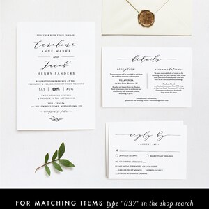 May include: Wedding invitation suite with white cardstock and black calligraphy. The invitation features the names Caroline and Jacob, the date August 8th, and the location Villa Veneza. The details card includes information about the reception and accommodations. The reply card has a RSVP section with a choice of entrees.