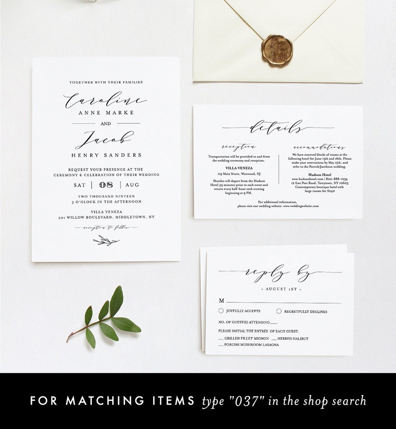 May include: Wedding invitation suite with white cardstock and black calligraphy. The invitation features the names Caroline and Jacob, the date August 8th, and the location Villa Veneza. The details card includes information about the reception and accommodations. The reply card has a RSVP section with a choice of entrees.