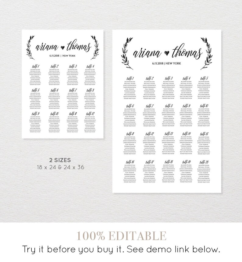 Wedding Seating Chart, Printable Seating Plan Poster, Table Assignment, Editable Template, Modern Calligraphy, Instant Download 023-207SC image 2