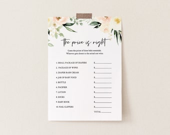 The Price Is Right Baby Shower Game Template, Peach Floral & Greenery Printable, 100% Editable Text, Instant Download, Templett  #076-138BG