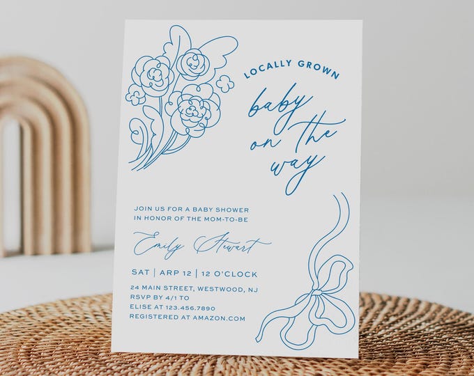 Locally Grown Baby Shower Invitation, Farmers Market, Bouquet, Coquette Bow, Gender Neutral, Editable Template, Templett #0058A-355BA