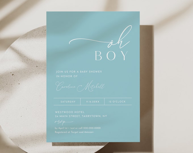 Boy Baby Shower Invitation, Minimalist Baby Shower Invite, Oh Boy, Baby Boy, Editable Template, Instant Download, Templett #029-230BA