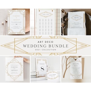 Paquete de boda Art Deco, Plantillas del día de la boda, Conjunto de invitación retro mínimo, Editable, Descarga instantánea, Templett #0021-BUNDLE