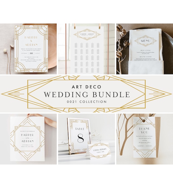 Art Deco Wedding Bundle, Day Of Wedding Templates, Minimal Retro Invitation Set, Editable, Instant Download, Templett  #0021-BUNDLE