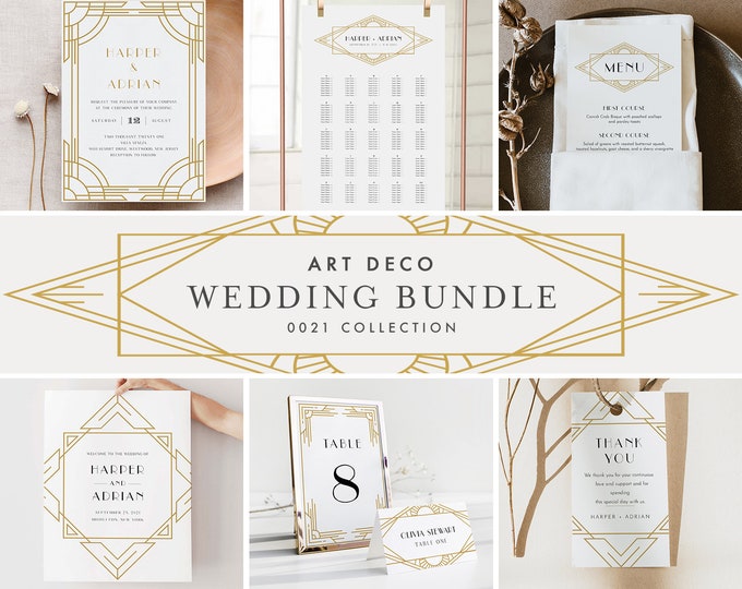 Art Deco Wedding Bundle, Day Of Wedding Templates, Minimal Retro Invitation Set, Editable, Instant Download, Templett  #0021-BUNDLE