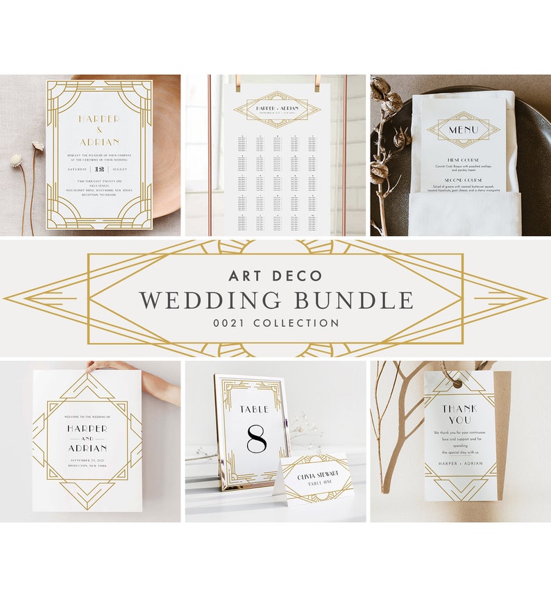 May include: Art Deco wedding bundle featuring invitation, seating chart, menu, welcome sign, table number, place card, and thank you tag. Gold geometric designs on white backgrounds. The invitation includes the names Harper & Adrian and the date August 18.