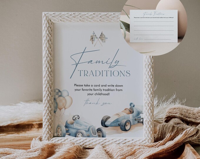 Baby Family Traditions Sign & Card, Vintage Race Car Boy Baby Shower, Share a Childhood Memory, Editable, Templett #0068-46BAG