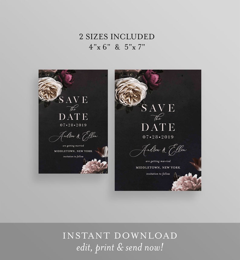 Save the Date Template, Moody Floral, Purple & Cream Floral Wedding Date Card, Instant Download, 100% Editable Text, Templett, DIY 009-143SD image 4