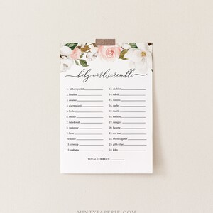 May include: A printable baby shower game with a floral design. The game is called "Baby Word Scramble" and includes a list of 24 words to unscramble.