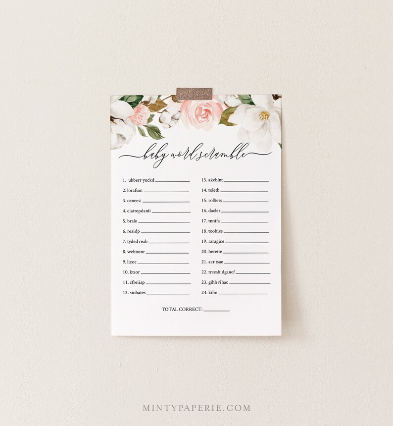 May include: A printable baby shower game with a floral design. The game is called "Baby Word Scramble" and includes a list of 24 words to unscramble.