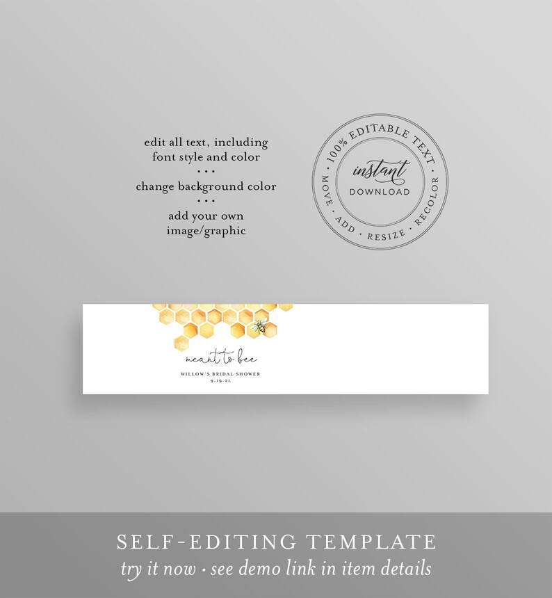 Bee Soap Label Wrapper Template, Honey Bridal Shower Soap Favor, Printable, Editable, Meant to Bee, Instant Download, Templett 097-103SL image 2