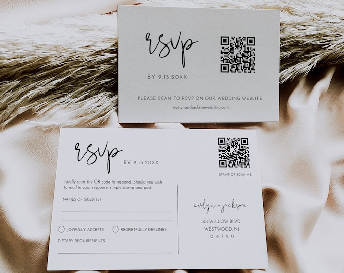 RSVP Card Template, QR Code Wedding Response, Online Reply Card, 100% Editable Template, Minimalist, Digital Download, Templett #0031-RSVP