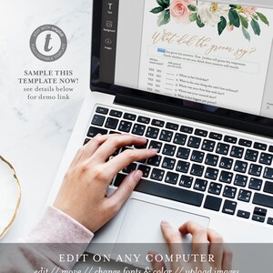 May include: A laptop computer displaying a printable bridal shower game template with a floral design. The game asks guests to guess if the groom's answers to questions about the bride match her answers. The text on the screen reads "What did the groom say?"