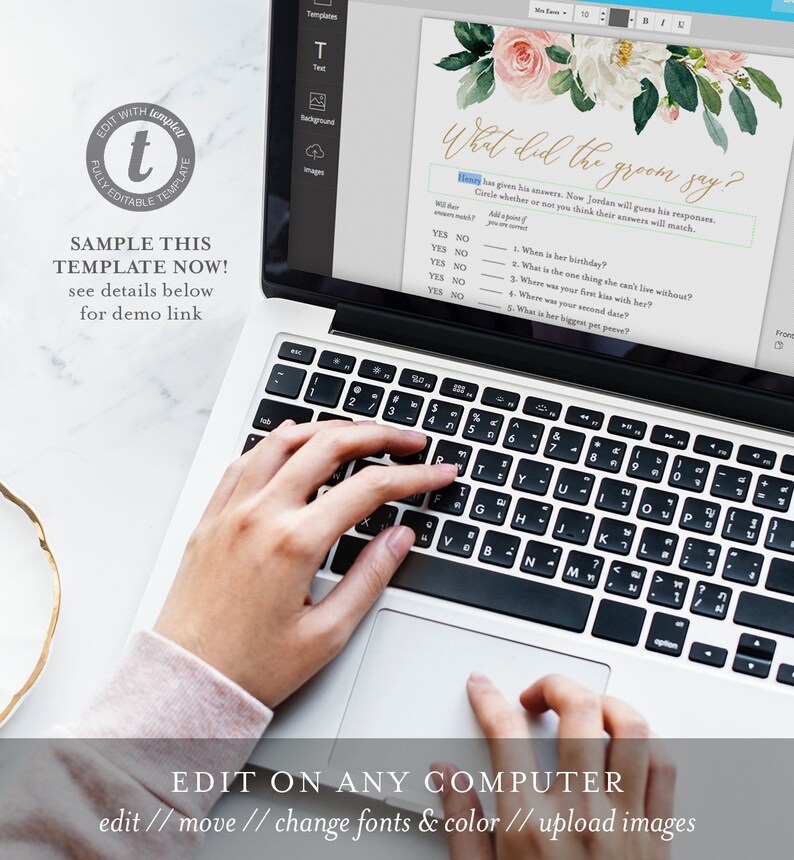 May include: A laptop computer displaying a printable bridal shower game template with a floral design. The game asks guests to guess if the groom's answers to questions about the bride match her answers. The text on the screen reads "What did the groom say?"