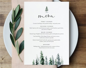 Menu Template, Rustic Pine Tree Wedding Menu Card, Printable Evergreen Dinner Menu, INSTANT DOWNLOAD, Editable, 5x7 & 3.5x8.5 #073-136WM