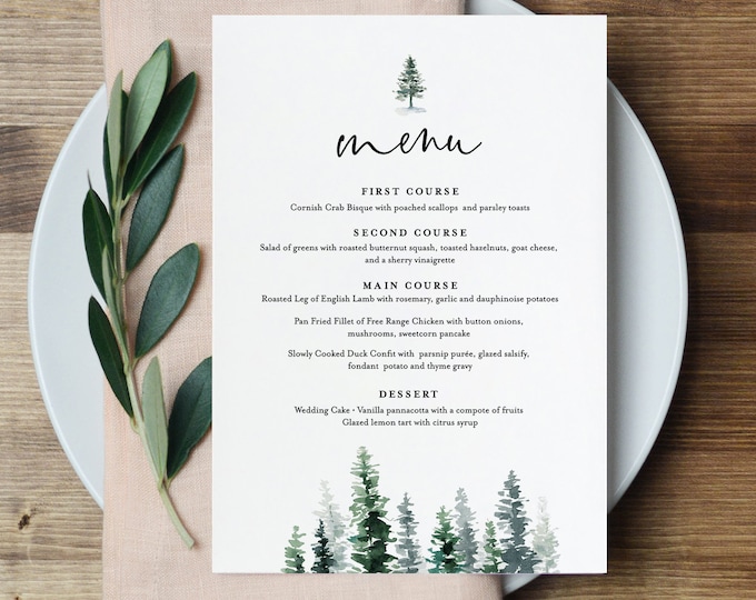 Menu Template, Rustic Pine Tree Wedding Menu Card, Printable Evergreen Dinner Menu, INSTANT DOWNLOAD, Editable, 5x7 & 3.5x8.5 #073-136WM