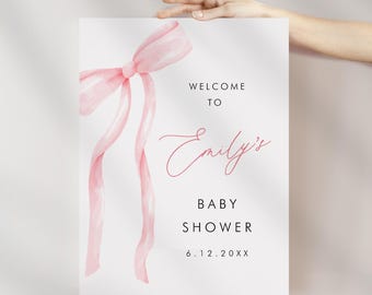 Coquette Bow Baby Shower Welcome Sign, Baby Girl Pink Bow, Watercolor Bow, Editable Template, Instant Download, 18x24, 24x36 #0057-369LS