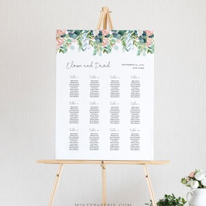 May include: A wedding seating chart with a floral design featuring pink and green watercolor flowers. The chart lists the names of guests assigned to each table. The text at the top reads "Eloise and David" and "September 3000, New York".