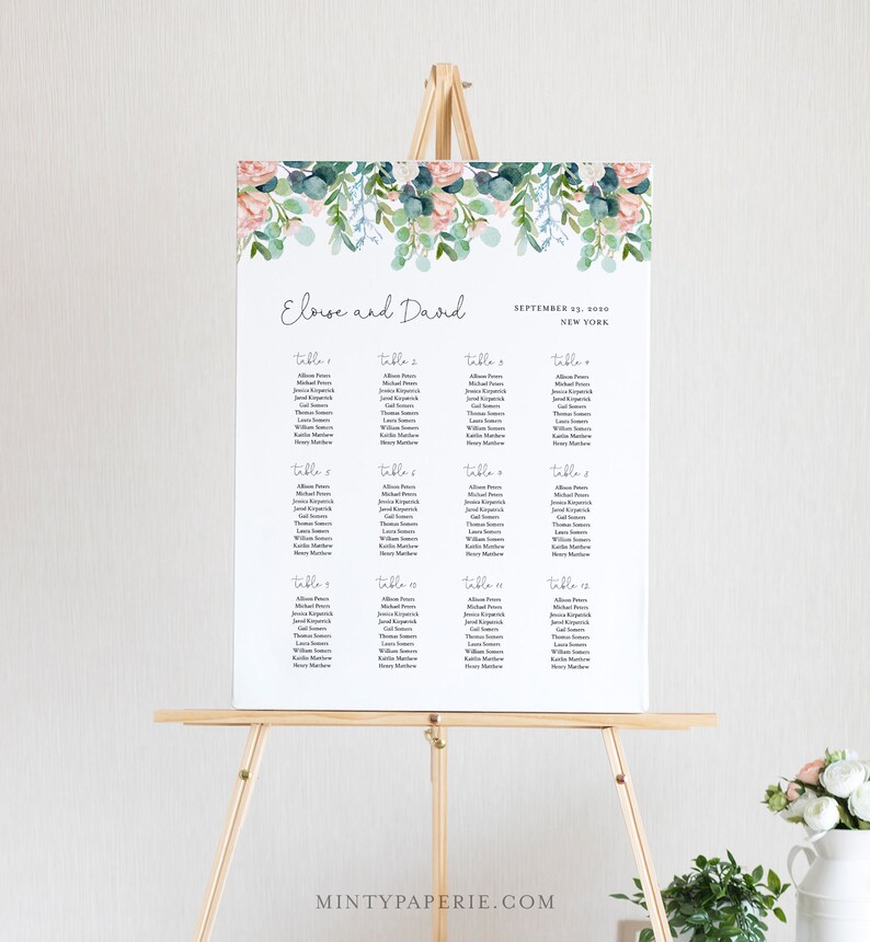 May include: A wedding seating chart with a floral design featuring pink and green watercolor flowers. The chart lists the names of guests assigned to each table. The text at the top reads "Eloise and David" and "September 3000, New York".