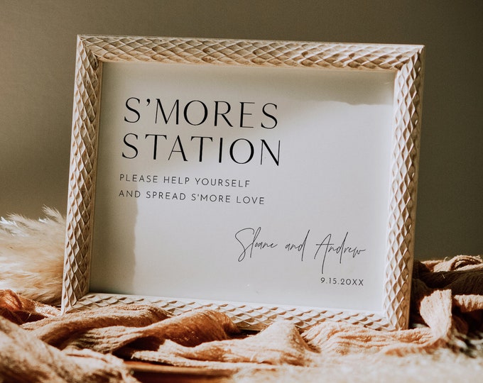 S'mores Station Sign, Backyard Outdoor S'mores, Minimalist Wedding, 100% Editable Template, Instant Download, Templett, 8x10  #0026B-19S