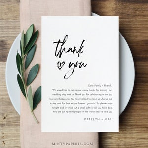 Carta de agradecimiento minimalista, nota de servilleta, menú de boda imprimible gracias, plantilla editable, DESCARGA INSTANTE, Templett, 4x6 #090-129TYN