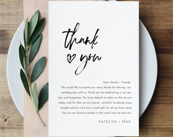 Minimalist Thank You Letter, Napkin Note, Printable Wedding Menu Thank You, Editable Template, INSTANT DOWNLOAD, Templett, 4x6 #090-129TYN