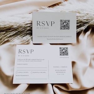 QR-Code-RSVP-Kartenvorlage, Hochzeitsantwort, Online-Antwortkarte, 100% bearbeitbare Vorlage, minimalistisch, digitaler Download, Templett #0026B-RSVP