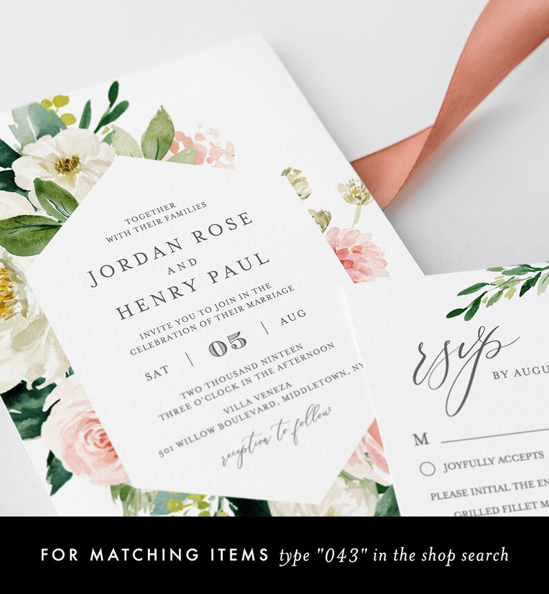 May include: A white wedding invitation with a floral border. The invitation is for the wedding of Jordan Rose and Henry Paul. The wedding will take place on Saturday, August 5th, 2019 at 3:00 PM at Villa Veneza, 501 Willow Boulevard, Middletown, NY. The invitation includes the text "Reception to follow".