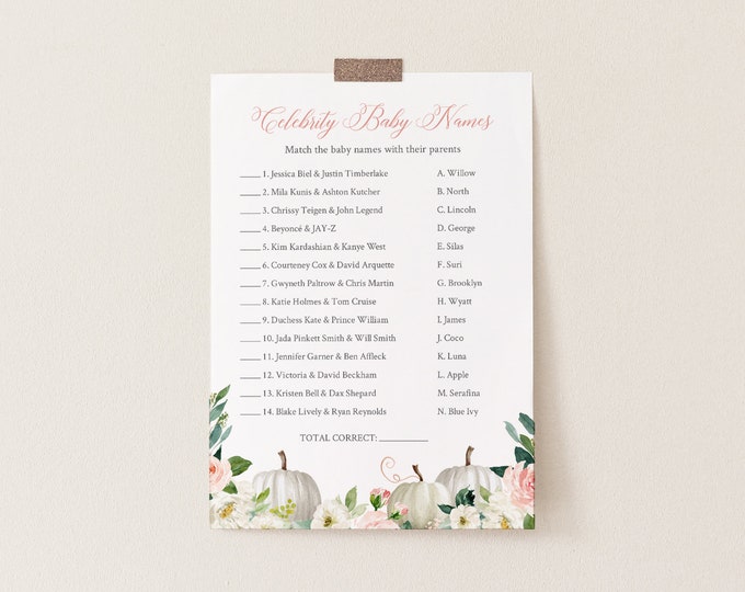 Celebrity Baby Name Game, Fall Pumpkin Baby Shower Game, Baby Name Game, Editable Template, Instant Download, Templett #072B-235BASG