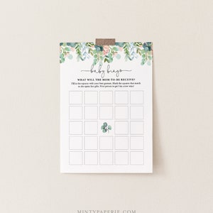 May include: A printable baby shower bingo card with a floral design. The card has a title that says "baby bingo" and instructions that say "What will the mom-to-be receive?" Fill in the squares with your best guesses. Mark the squares that match as she opens her gifts. First person to get 5 in a row wins!"