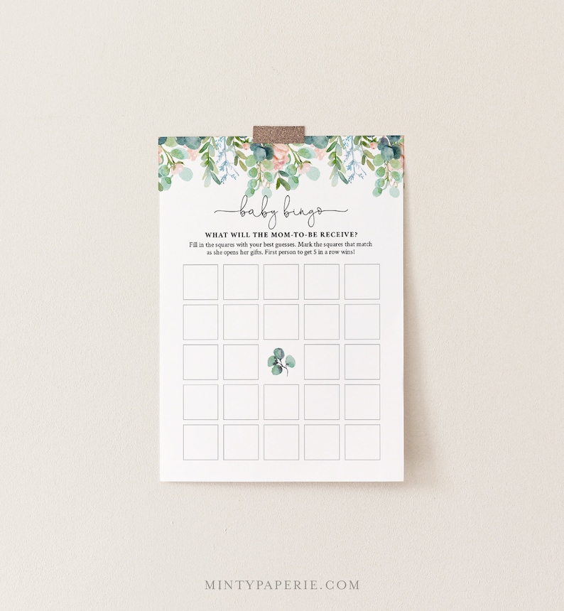 May include: A printable baby shower bingo card with a floral design. The card has a title that says "baby bingo" and instructions that say "What will the mom-to-be receive?" Fill in the squares with your best guesses. Mark the squares that match as she opens her gifts. First person to get 5 in a row wins!"