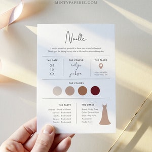 May include: A bridesmaid proposal card with a pink and brown color scheme. The card features the text "Noelle" in cursive, followed by a message expressing gratitude for the recipient's willingness to be a bridesmaid. The card also includes details about the wedding date, the couple's names, the wedding location, and the bridesmaid dress code.