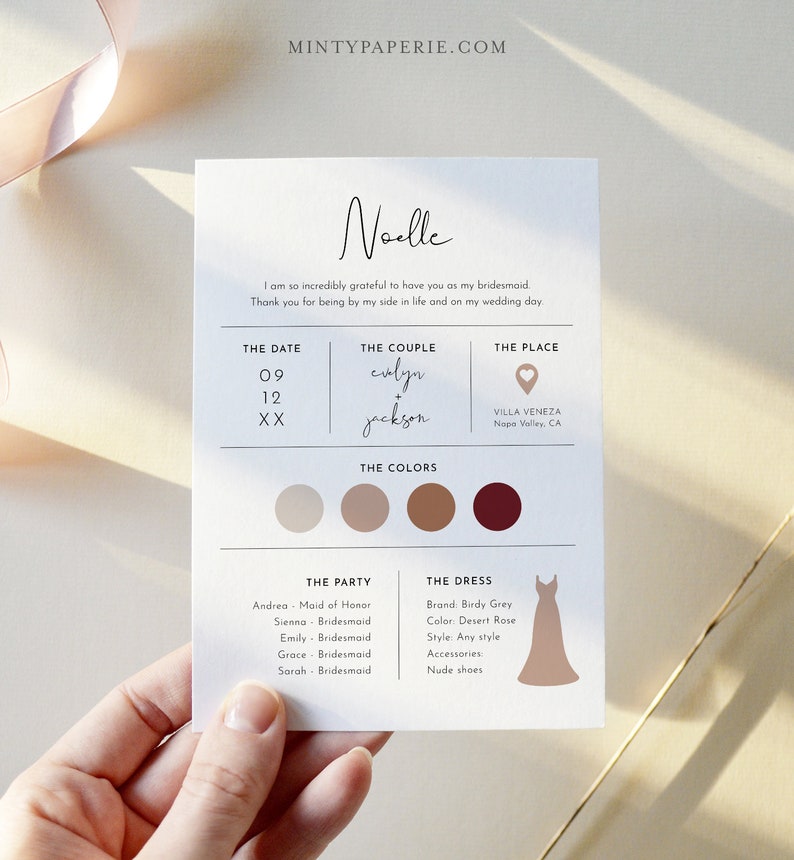 May include: A bridesmaid proposal card with a pink and brown color scheme. The card features the text "Noelle" in cursive, followed by a message expressing gratitude for the recipient's willingness to be a bridesmaid. The card also includes details about the wedding date, the couple's names, the wedding location, and the bridesmaid dress code.